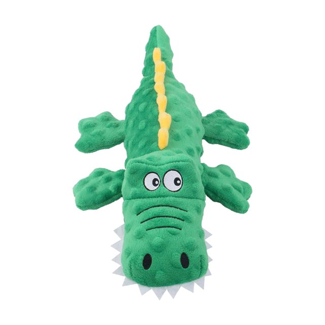 Dog Squeaky Toys Crocodile Plush Cat Dog Chew Interactive Squeaker Green. A green crocodile-shaped plush toy made from textured cotton, featuring a yellow stripe along its back and embroidered eyes. Lightweight and squeaky, this 37x19x8cm toy is perfect for interactive play, chewing, stress relief, and as a comfort toy or pet gift.