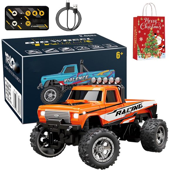 Mini Camion Tout-Terrain avec Lumières, 1:64 Mini Camion Monstre Rc, Télécommande 2.4ghz, 3 Vitesses Réglables, Camions Rc en Alliage Rechargeables USB, Idées Cadeaux de Noël Anniversaire Cool (Orange-B)