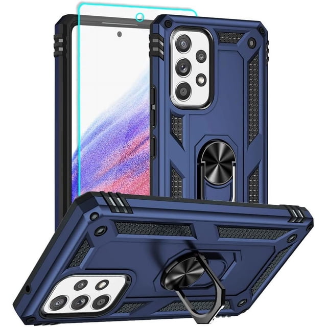 Samsung A53 5G Case in blue with HD screen protector, offering military-grade 16ft drop-tested shockproof protection. Features a rotatable belt clip that doubles as a kickstand, raised edges for camera and screen protection, and anti-slip TPU material. Includes a 360° magnetic ring holder compatible with car mounts for navigation, making it a protective and versatile phone case.