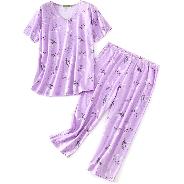 Women's Sleepwear Tops with Capri Pants Pajama Sets, featuring a short-sleeve round neck top and capri-length bottoms in a soft cotton blend. The purple set is decorated with bunny motifs and dotted patterns, combining playful style with comfort. Elastic waistband ensures a relaxed fit, ideal for lounging, sleeping, or casual home activities. Perfect for women seeking cozy and stylish pajamas.