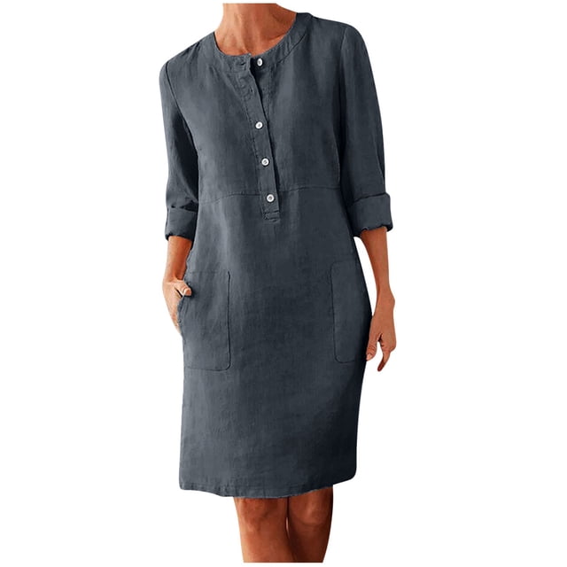 Daiosportswear Robe en Lin et Coton pour Femmes, Robe Chemise à Boutons à Manches Longues, Col Rond, Robe Habillée Décontractée Mini avec Robe Femme, Robes pour Femmes Gris Foncé 4X-Grand (TTTTG)