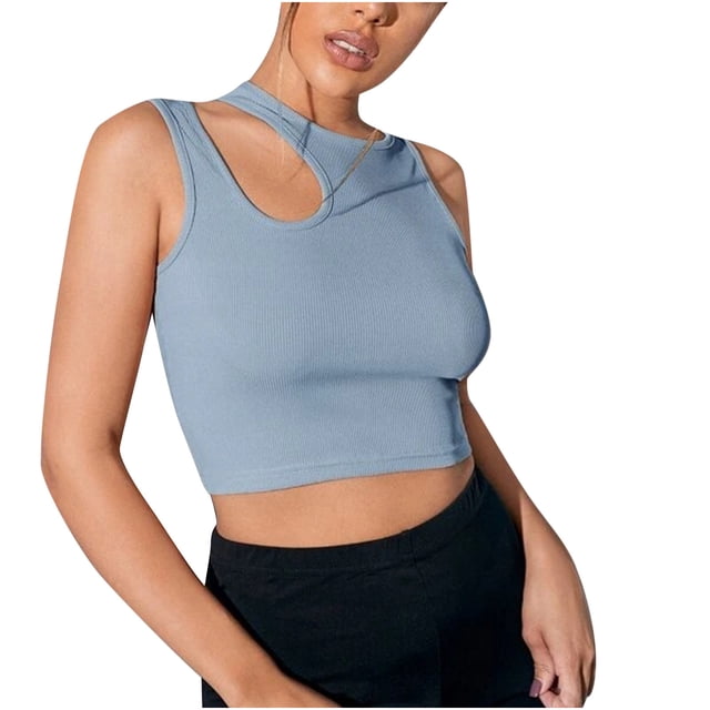 JGGSPWM Women's Asymmetrical Neck Cut Out Sleeveless Ribbed Tank Tops Slim Fitted Y2K Trendy Crop Tees Blue XL