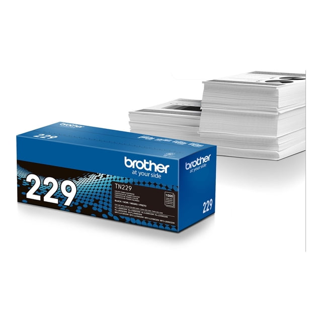 Brother Genuine TN229BK black standard yield toner cartridge box with blue and black packaging and large white '229' number, positioned next to stacks of printed paper, designed for laser-quality printing with Brother multifunction and all-in-one digital colour printers, providing reliable page yields.