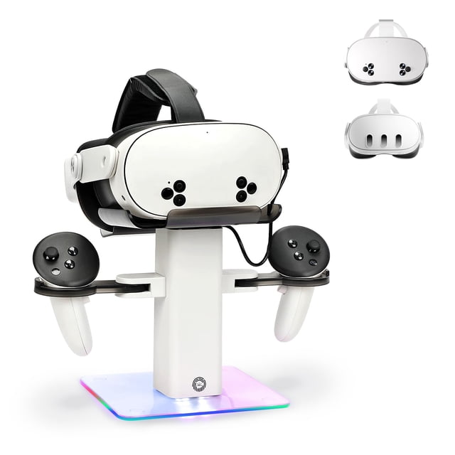 VR Headset Stand for Meta Quest 3S/3/2 - Stable Storage Holder with RGB Base for Safe Controller Storage