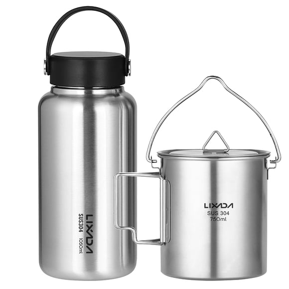yeacher LIXADA Stainless Steel 1050ml Water Bottle with Foldable Hanging Cup, BPA-Free, Ideal for Outdoor Activities, Hiking, Camping, and Sports