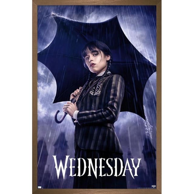 Wednesday - One Sheet Wall Poster, 22.375" x 34" depicting a figure in a dark striped blazer holding a black umbrella under heavy rain with a stormy sky and gothic architecture silhouettes, featuring the title 'Wednesday' in white gothic font at the bottom, ideal for bedroom or office wall decor.