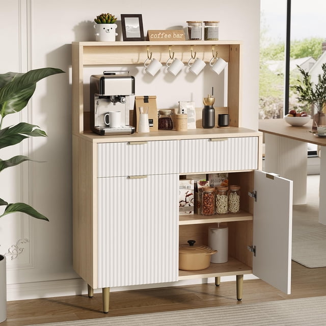GloryStar Buffet Cabinet with Fluted Design, Wooden Console Table with Adjustable Shelves and 2 Drawers, Suitable for Kitchen or Living Room
