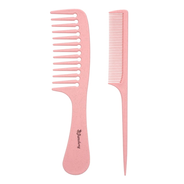 Yeacher 2Pcs Hair Brush Wide Tooth Comb Dense Tooth Comb Straw Comb, featuring a pink wide-tooth comb and a dense-tooth comb with a tapered tail handle. Made from eco-friendly wheat straw material, suitable for detangling, styling, and scalp protection. Designed to reduce hair fall and improve blood circulation.