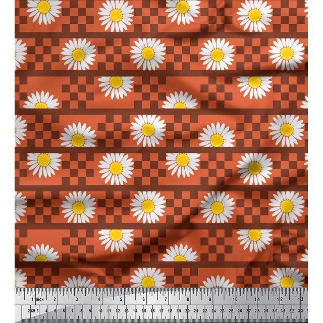 Soimoi Moss Georgette Fabric Stripe,Square & Daisy Floral Fabric Prints By Yard 42 Inch Wide