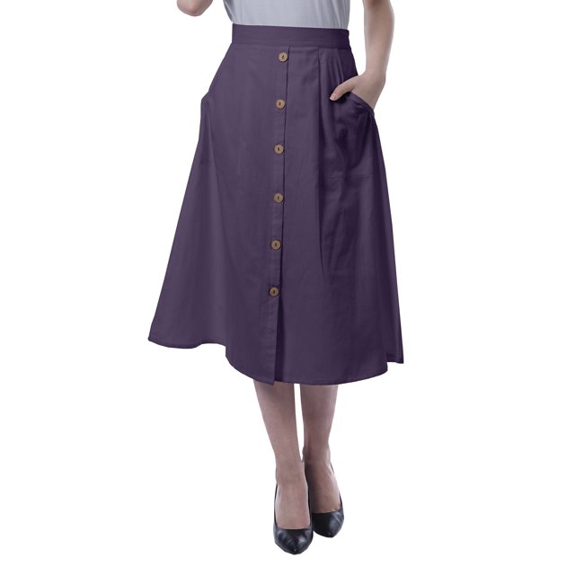 Moomaya Womens Below Knee Length A-Line Skirt Front Button Casual Skirt w/ Pockets