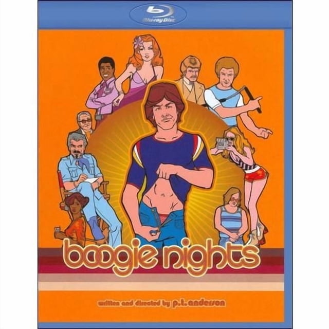 Boogie Nights (Blu-ray) Couverture Mettant en Vedette un Homme central Illustré Soulevant Sa Chemise Bleue pour Révéler Son abdomen, Entouré de Divers Personnages style Années 1970 sur un Fond orange avec des Rayures Rétro et le Titre du Film en Lettres Minuscules Stylisées.