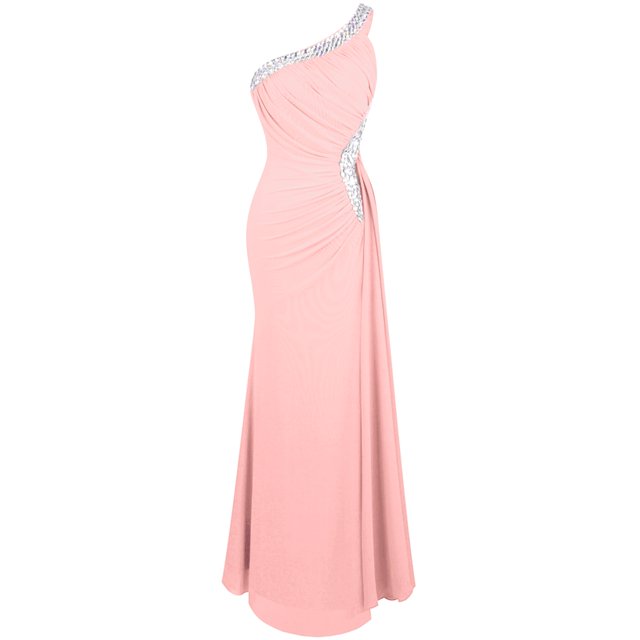 Angel-fashions Women's One Shoulder Ruching Beading Ribbon Soft Evening Gown in a soft pink color. This formal dress features a one-shoulder design with ruching on the bust, beading decoration along the neckline and waist, and a split side for added elegance. The gown is fully lined, made from stretchy and soft fabric, and includes a built-in bra with a side zipper and closed back style. Ideal for formal and evening occasions.