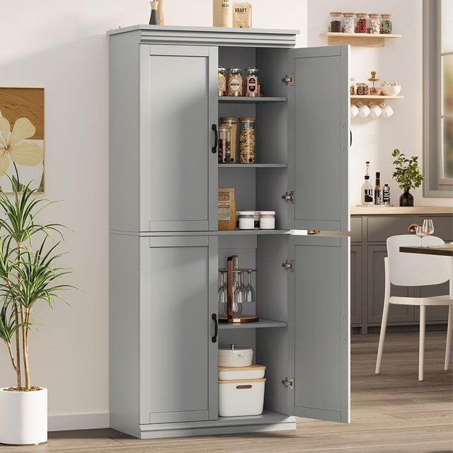 YUSAZENS Freestanding Pantry Cabinet, 70 Inch Tall Storage with Doors, Gray