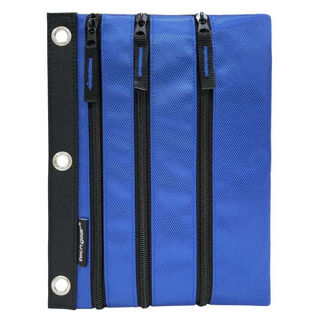 Tech Gear Pochette Classeur à 3 Fermeture Éclair en nylon Bleu avec Trois Compartiments Zippés Noirs et Oeillets Métalliques pour Attache de Classeur à 3 Anneaux, Conçue pour Organiser des Stylos, des Crayons et de Petites Fournitures de Bureau Ou Scolaires, Convient Aussi pour Ranger de Petits Appareils Électroniques Ou Accessoires.