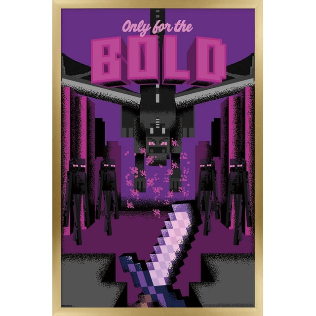 Minecraft : Discover - Seulement pour l'Affiche Murale Audacieuse, 14,725 Pouces x 22,375 Pouces Encadrée, Représente un art pixel d'Un Dragon Ender central avec des Particules Violettes, six Endermen Debout de Chaque Côté, et une Épée Pixélisée au Premier Plan sur un Fond Violet Foncé avec un Texte Rose Audacieux « Seulement pour les Audacieux », Convient au Jeu Ou à la Déco Murale de Chambre d'Enfant.