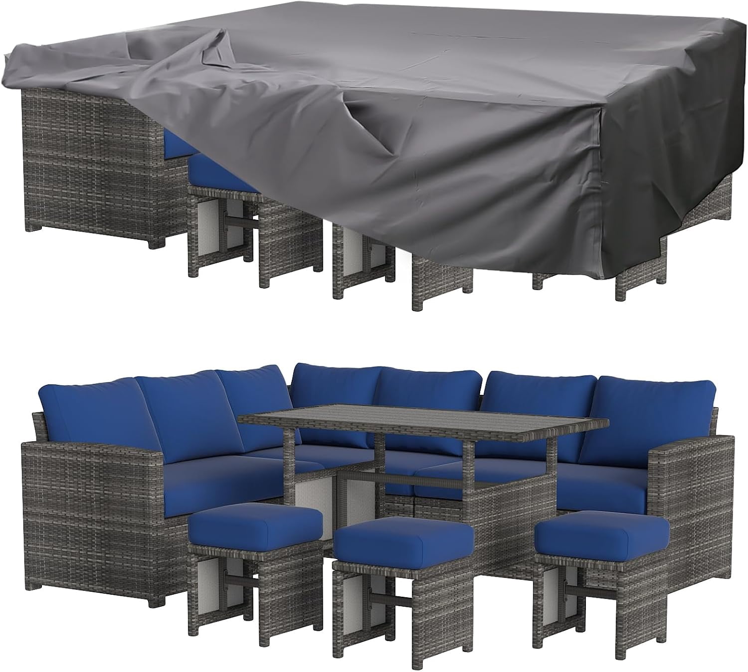 AECOJOY 7 Pieces Patio Furniture Set and Protection Cover PE Rattan Outdoor Dining Set Sectional Sofa Couch with Table Patio Conversation Set in Blue