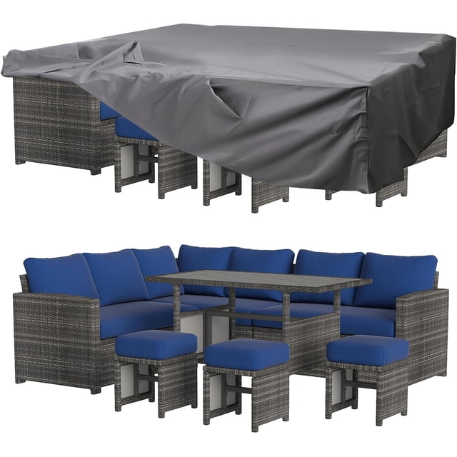 AECOJOY 7 Pieces Patio Furniture Set and Protection Cover PE Rattan Outdoor Dining Set Sectional Sofa Couch with Table Patio Conversation Set in Blue