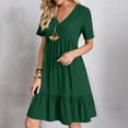 thumbnail image 2 of LOVZFMLL Robe d'Été pour Femme Décontractée Évasée à Manches Courtes Col en V à Étages Ligne A Fluide Robe de Plage à Volants Longueur Genou Robe Soleil Vert Armée m, 2 of 9
