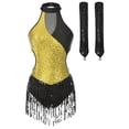 thumbnail image 3 of YONGHS Justaucorps-Robe de Danse Latine Jazz à Franges pour Femme, Haut Justaucorps Rumba de Salle de Bal avec Gants, Or L, 3 of 5