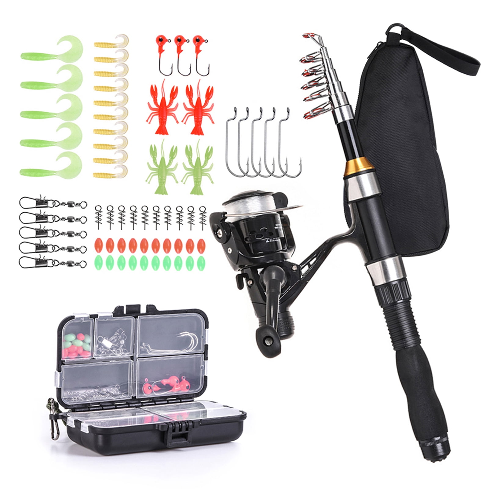 Fishing Rod Reel Combo Full Kit 1.5m Telescopic Fishing Rod Reel Set with Hooks Soft Lures Barrel Swivels Storage Bag