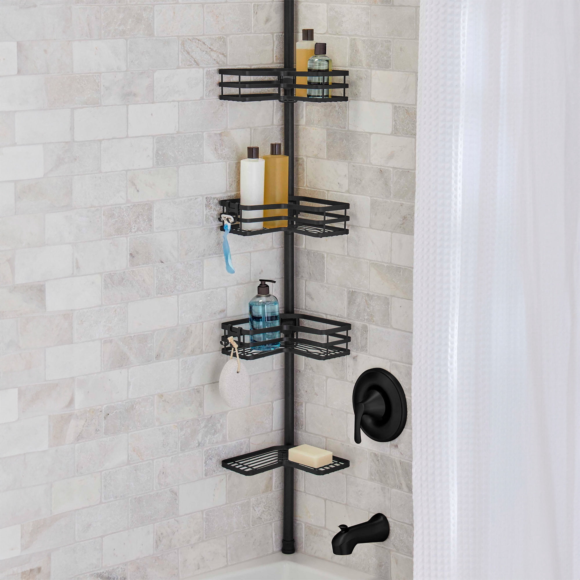 Better Homes & Gardens Matte Black Tension Pole Shower Caddy, Resists Rust, 3-Tier Storage