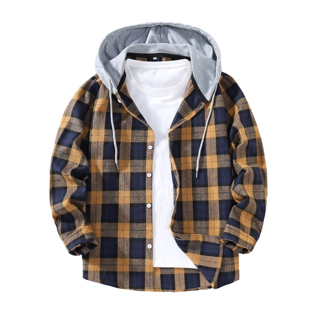 Ceisia Chemise à Capuche à Manches Longues pour Homme, Décontractée, à Carreaux Patchwork, Boutonnée, Cadeau