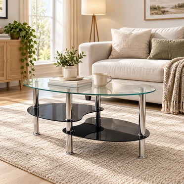 Homy Casa Oval Glass Coffee Table, 2-Tier Tempered Glass Living Room Table with Black Shelf and Stainless Steel Legs