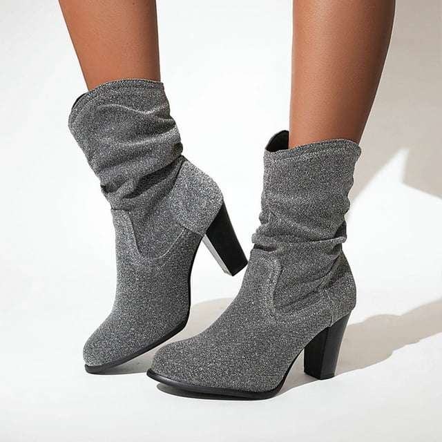 LSLJS Bottes de Mode pour Femmes Femmes Bout Rond High Heel Escarpins Talon Épais Bottes à Talon Moyen, Bottes Mi-Mollet pour Femmes, Bottes pour Femmes