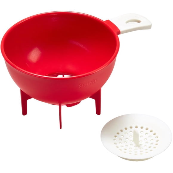 Starfrit Canning Funnel Set, Fits Regular & Wide Mouth Jars, Engraved Measurements, Non-Slip Handle, Snap-On Strainer, Red