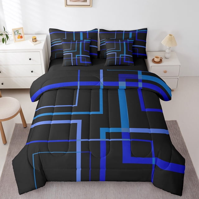 Geometric Square Bed in a Bag 7pcs Black and Navy Blue Bedding Set, Modern Abstract Full Size Comforter Set Contemporary Rectangle Bedding Comforter Sets, Mid Century Lines Bed Set for Boys Girls