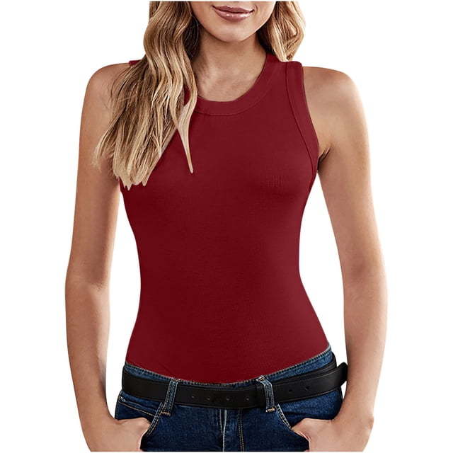 AherBiu Going out Tops for Women Sleeveless Ribbed Tank Tops Crewneck Slim Stretchy Workout Tees