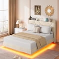 thumbnail image 1 of Modern Queen Floating Bed Frame, Suspended Bed with RGB LED Lights and Charging Station, Upholstered Bed Frame with Storage Headboard and Button Tufted, No Box Spring Needed, Beige, 1 of 8
