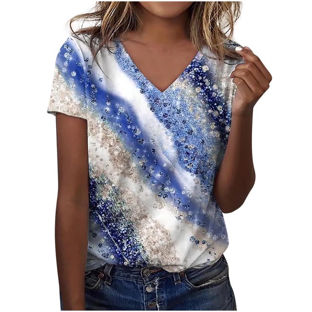 Birdeem Mode Femme Blouse T-Shirt à Col en V à Manches Courtes Été Imprimé Hauts Amples