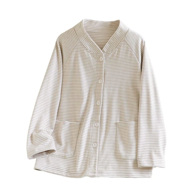 MeetoTime Womens Pajama Top Fall Winter Striped V-neck Button Long Sleeved Bottoming Shirt Home Clothes