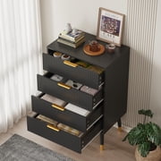 4 Drawer Dresser for Bedroom, Modern Wood Chest of Drawers with Fluted Design, Storage Cabinet Organizer with Gold Handles, Small Nightstand Dresser for Closet or Living Room