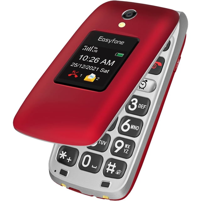 E Prime-A1 Pro 4G Unlocked Flip Mobile Phone for Seniors, Easy-to-Use Big Button Clear Sound Flip Cell Phone with SOS Button, GPS and a Convenient Charging Dock (Red)