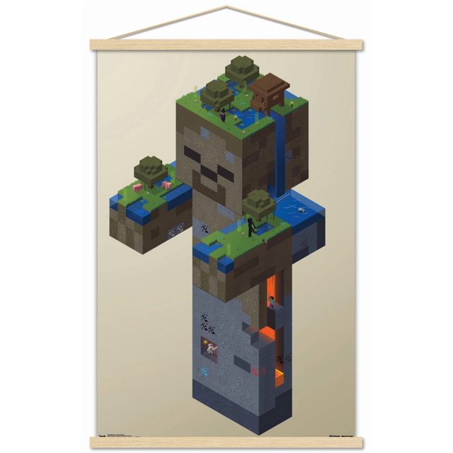 Minecraft - Zombie Swamp Wall Poster, 14.725" x 22.375" framed showing a 3D block-style zombie figure composed of Minecraft swamp terrain with grass, water, trees, a wooden hut, and pixelated characters and animals, including underground caves with lava and ores, printed with a premium satin finish and lightweight frame for easy hanging, ideal for bedroom or office wall decor.