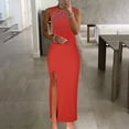 thumbnail image 2 of Robes Rouges pour Femmes Couleur Unie Sans Manches Robe Douce Grande Taille Col Rond Coupe Ajustée Tendance Cocktail Formelle Robe de Bal Maxi Mode Élégante Portefeuille Fendue Blouse Froncée Ourlet Droit Robe,L, 2 of 7