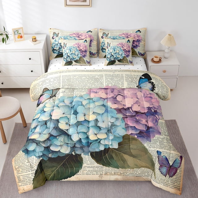Colorful Butterfly 7 Pcs Bed In A Bag Blue Purple Hydrangea Bedding Set Full for Girls Boys Kids Rustic Farm Floral Comforter Set With Sheets Dreamy Butterfly Print Bed Set Romantic Style Sheet Set