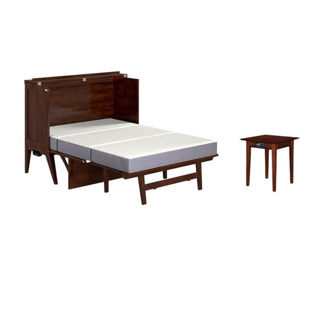 Home Square Ensemble de 2 Lits Escamotables Pleine Grandeur en Noyer avec Matelas et Table d'Appoint