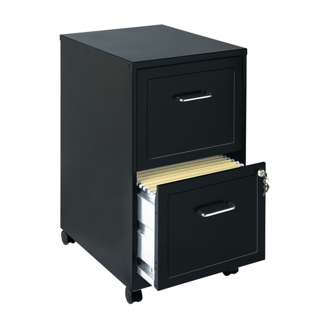 Space Solutions 18" Deep 2 Drawer Mobile Letter Width Vertical File Cabinet in black, shown at a 3/4 angle with the bottom drawer open displaying letter-size hanging file folders. Features smooth black painted steel, chrome handles, locking drawers with keys, and caster wheels for mobility, ideal for compact office storage.