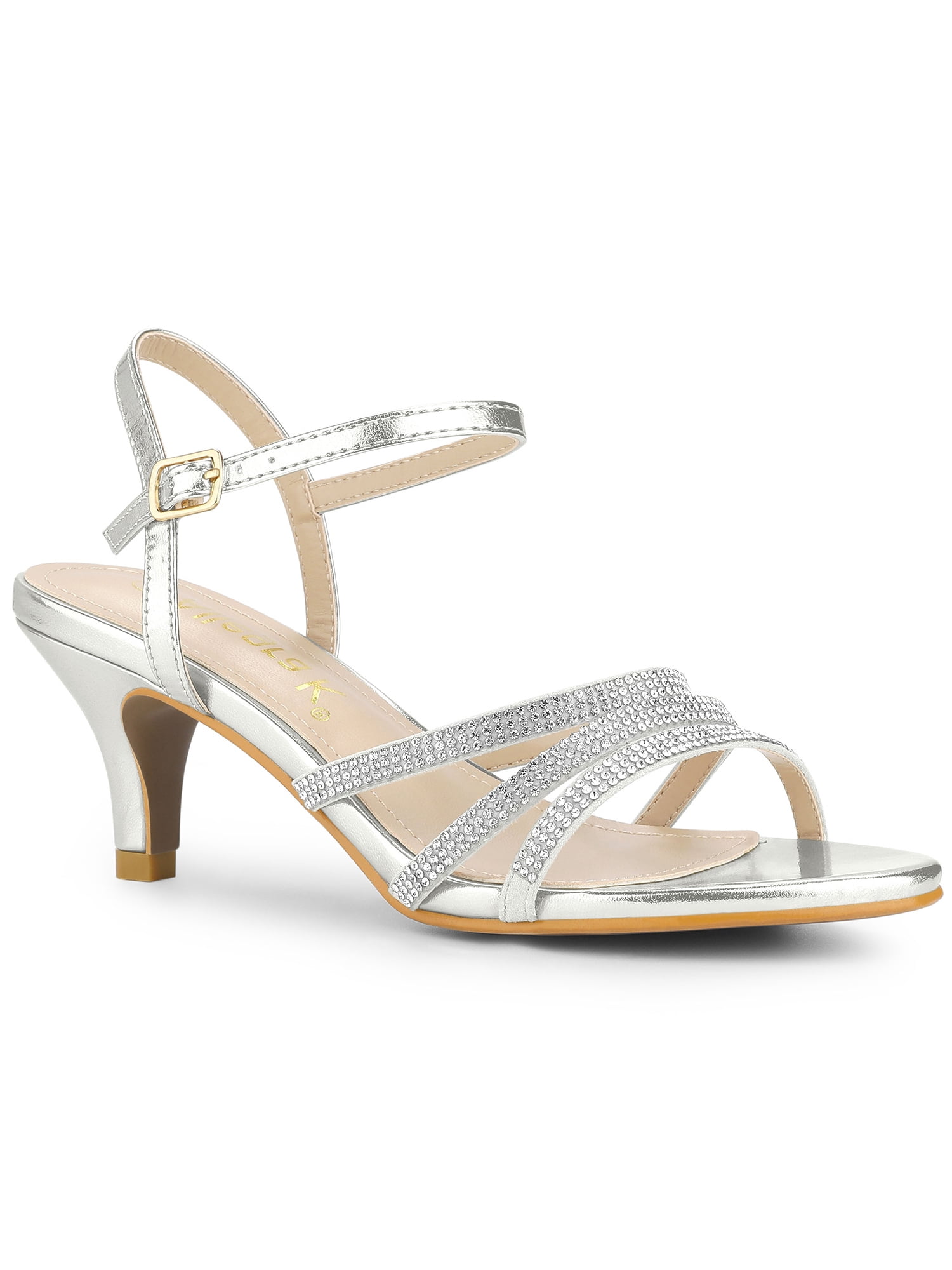 BLISSFUL STEP Women's Shoes Rhinestone Ankle Strap Kitten Heel Open Toe PU Buckle Sandals  Silver 9.5