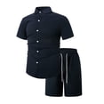thumbnail image 3 of UVEASISHA Men's 2 piece Matching Set Textured Summer Beach Outfit Solid Color Breathable Button Down Shirt ShortsTracksuits Set Comfortable Loose Fit Navy,M, 3 of 8