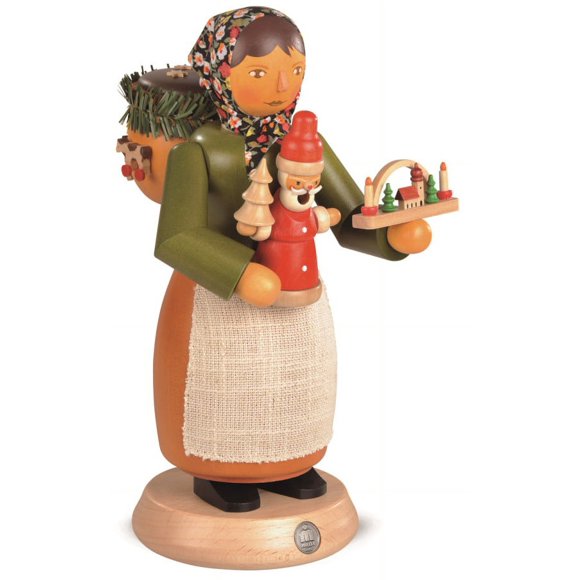 Fumoir d'Encens Allemand, Jouet en Bois Mulled, Vendeur, Femme, Hauteur 24 cm / 9 Pouces, Erzgebirge original par Muller Seiffen
