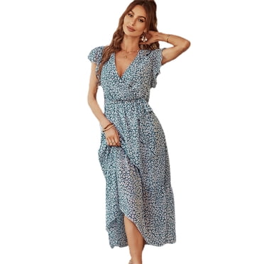 Floral Summer Dress Long: Elegant V-Neck Casual Boho Dress Beach Dress for Lady