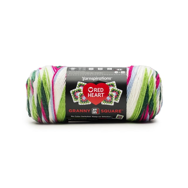 Red Heart® All In One Granny Square™ #4 Worsted (Medium) Acrylic Yarn 8.8oz/250g 417 Yards skein with multicolor striping in green, white, pink, and blue, wrapped in a black label featuring the Red Heart logo and granny square crochet patterns, designed to crochet 5-color granny squares with 67% fewer ends to weave in, suitable for home or on-the-go projects.