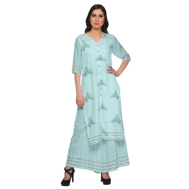 Moomaya Grande Taille Palazzo Ample Imprimé et Ensemble Kurta Robe Ethnique pour Femmes