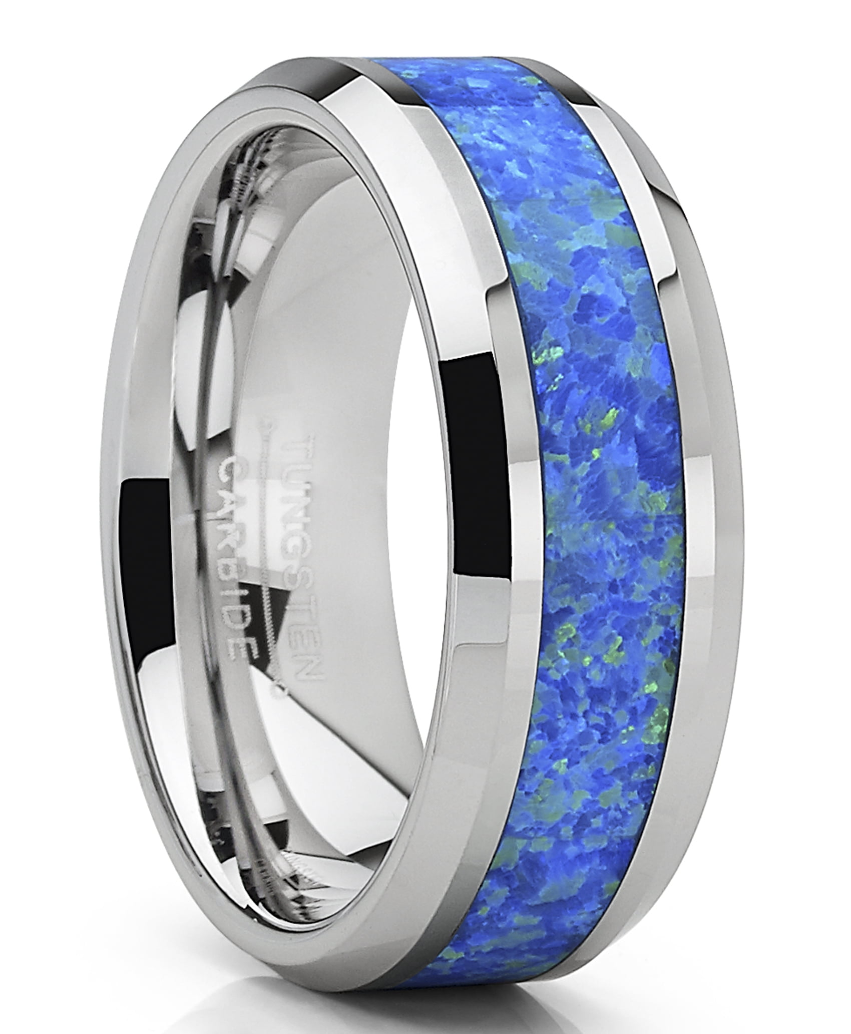 Men's Tungsten Carbide Wedding Band Ring with Blue Green Simulated Opal Inlay 8mm 9.5