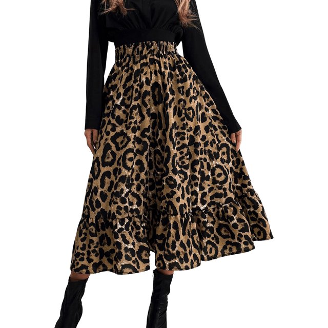 Xingqing Robe à Volants pour Femme, Imprimé Léopard, Taille Haute, Tulle Tutu de Fête, Jupe Midi Évasée, Brun, P