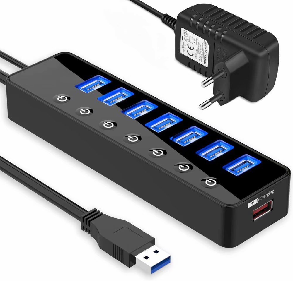 Usb Hub Active 3.0 With Power Supply, 7 Ports Usb 3.0 Hub Active Data Hub With Switch And 1 Intelligent Charging Port